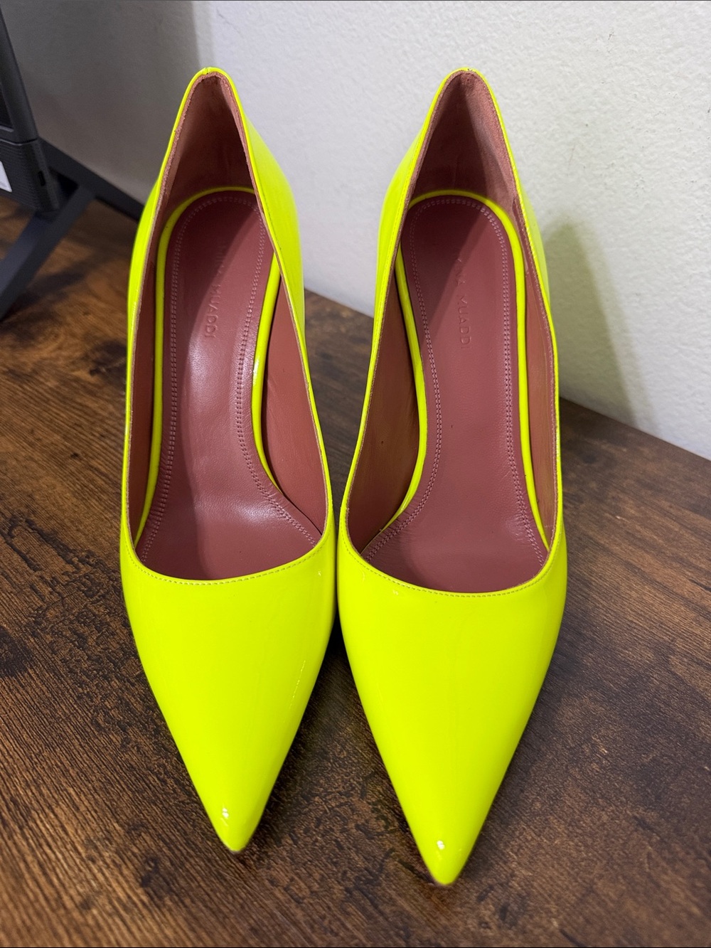 Amina Muaddi Neon Yellow Patent Pointed Pumps
